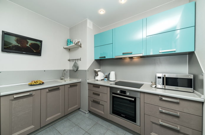 design de cozinha em tons de cinza-turquesa