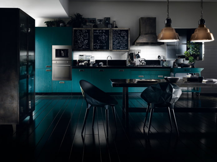 interior da cozinha em tons de preto e turquesa