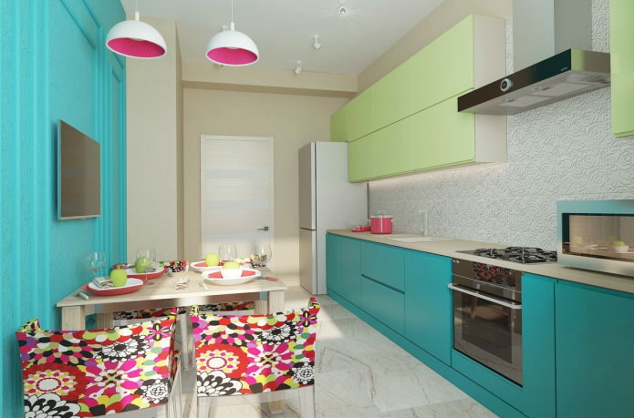 cozinha em tons de turquesa com detalhes brilhantes