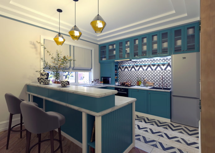 decoração e tecidos no interior de uma cozinha turquesa