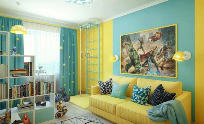 quarto infantil em uma paleta amarelo-turquesa