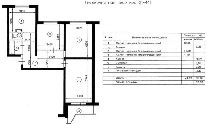 Planta de um apartamento de 3 cômodos, série P-44