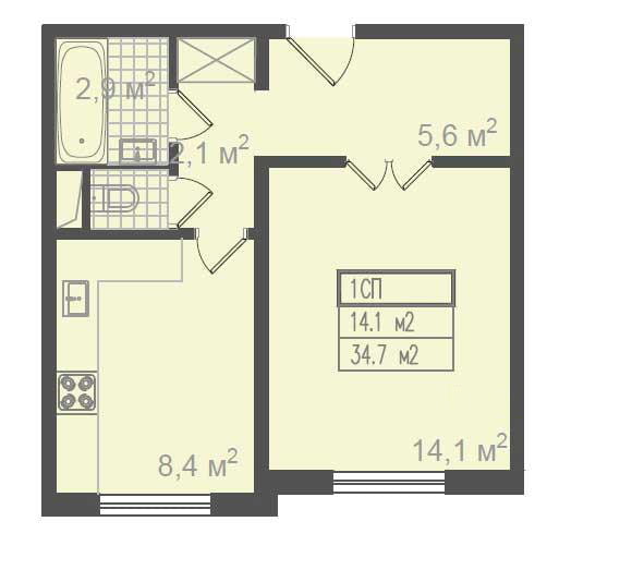 Layout de um apartamento de um quarto, série P-3