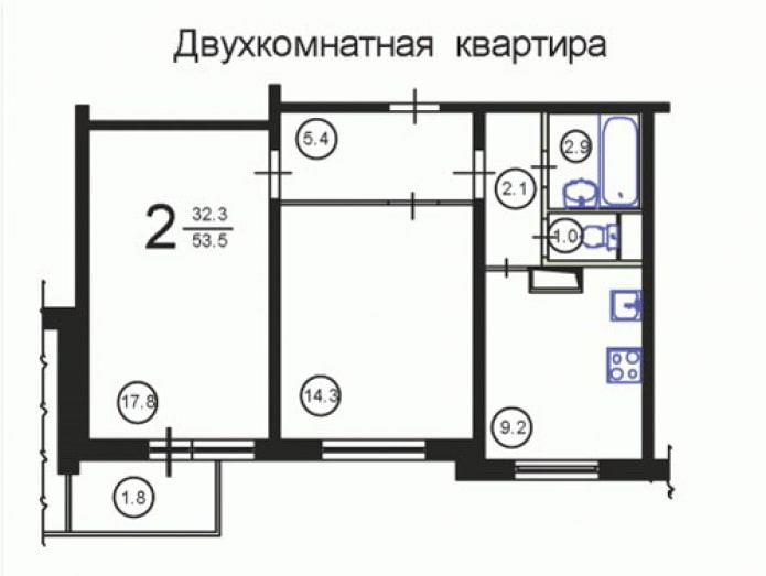 Layout de um apartamento de dois quartos, série P-3