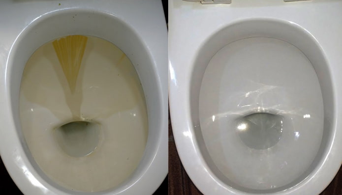 Vaso sanitário antes e depois da limpeza com Domestos