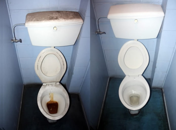 Vaso sanitário antes e depois da limpeza com eletrólito