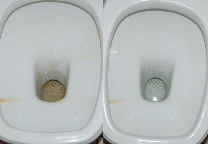 Vaso sanitário antes e depois da limpeza com ácido cítrico