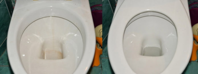Vaso sanitário antes e depois da limpeza com ácido cítrico e vinagre