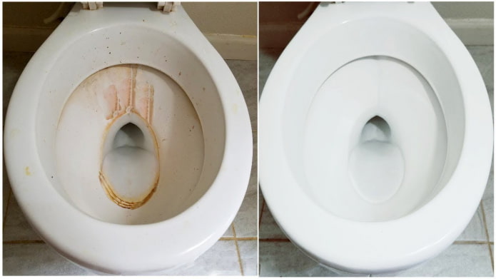 Antes e depois da limpeza do vaso sanitário com o gel Cillit BANG