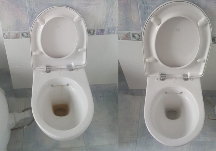 Vaso sanitário antes e depois da limpeza com soda e vinagre