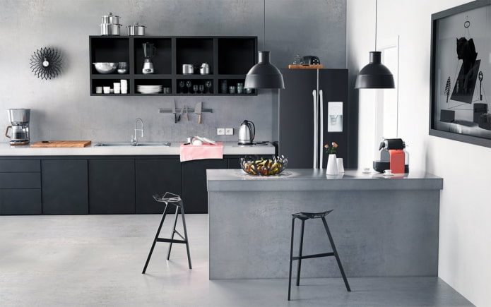 interior da cozinha em tons de cinza e preto