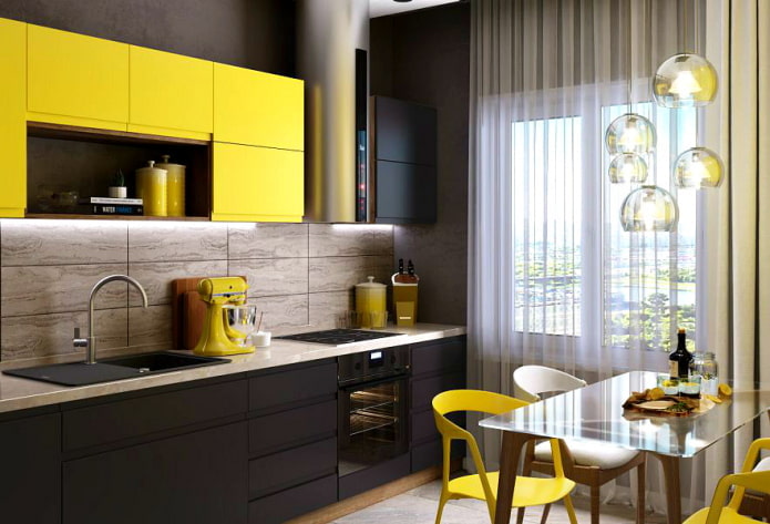 interior da cozinha em tons de preto e amarelo