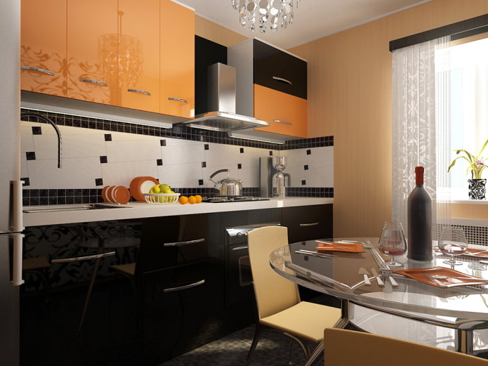 interior da cozinha em tons de preto e laranja