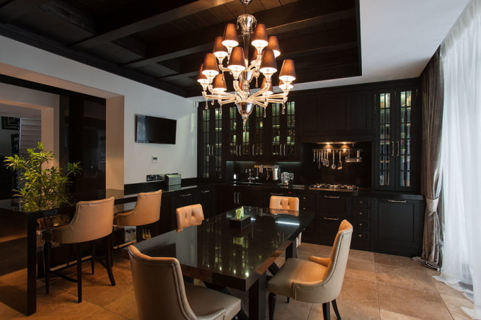 iluminação no interior da cozinha em tons de preto