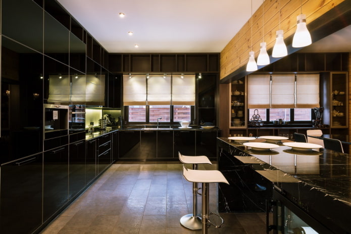 decoração no interior da cozinha em tons de preto