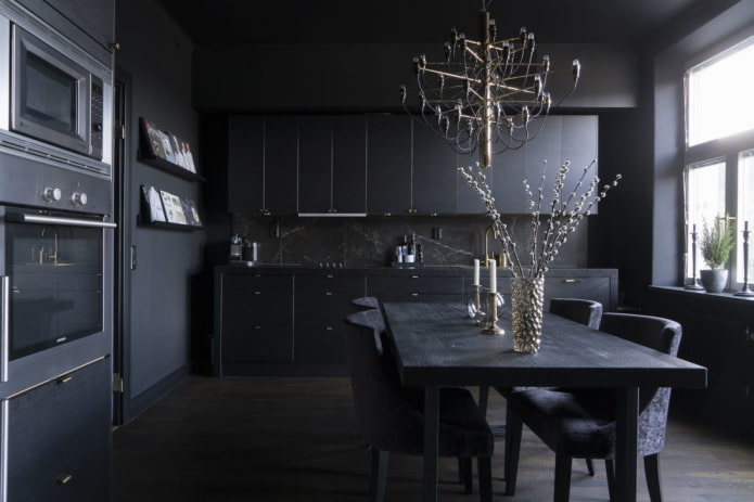 iluminação no interior da cozinha em tons de preto