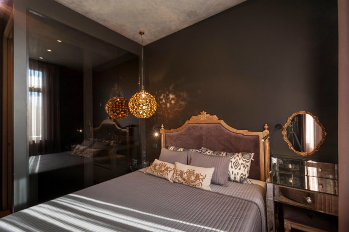 decoração e iluminação no quarto em tons de preto