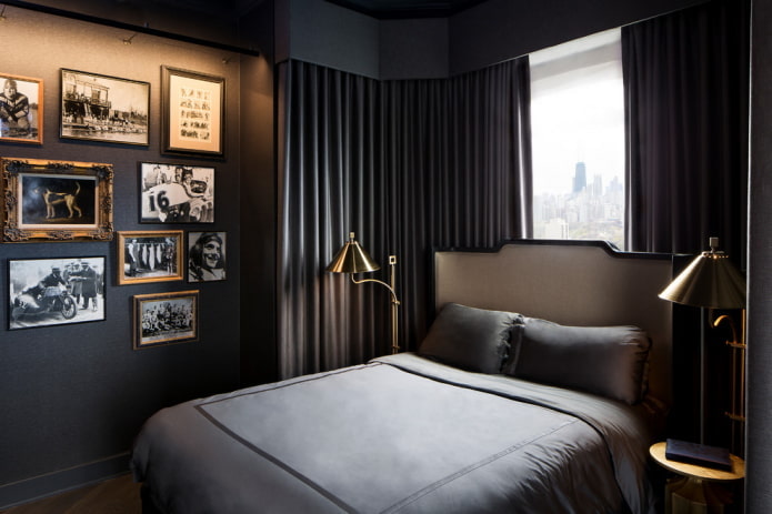 decoração e iluminação no quarto em tons de preto