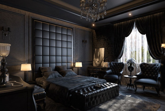 móveis no interior do quarto em tons de preto