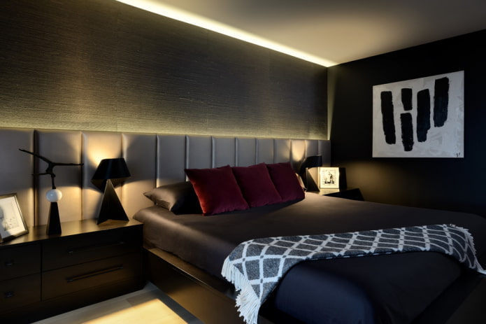 decoração e iluminação do quarto em tons de preto