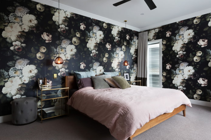 design de interiores de quarto em tons de preto