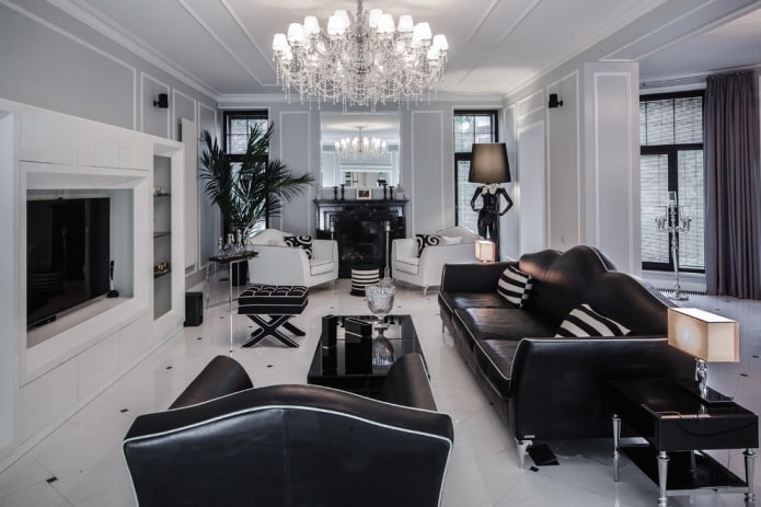 iluminação e decoração na sala de estar em preto e branco