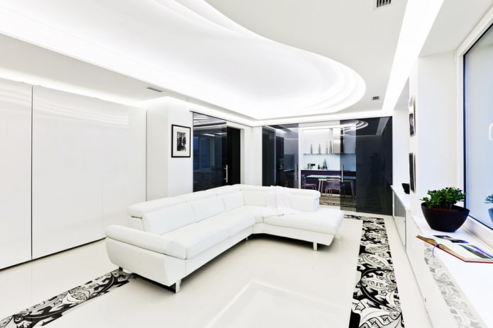 decoração de sala de estar em tons de preto e branco