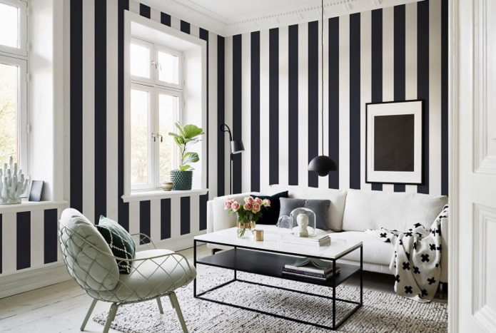 decoração de sala de estar em tons de preto e branco