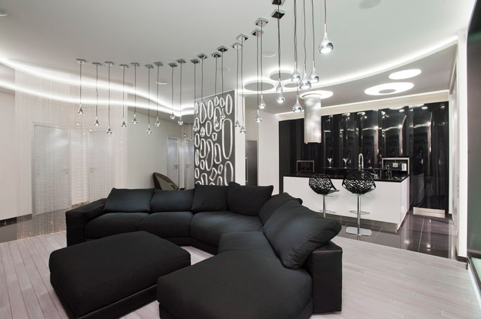 iluminação e decoração de sala de estar em preto e branco