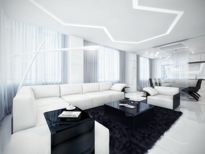 sala de estar em tons de preto e branco em estilo hi-tech