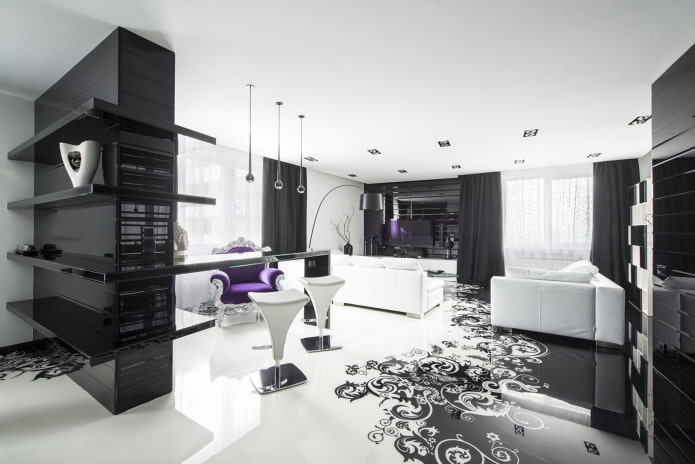 sala de estar em tons de preto e branco em estilo art déco