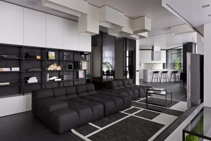 interior da sala de estar em tons de preto e branco