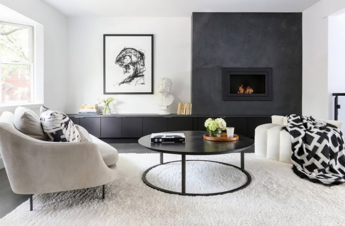 design de interiores de sala de estar em preto e branco