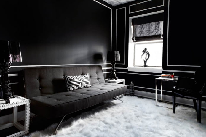 decoração de sala de estar em tons de preto e branco