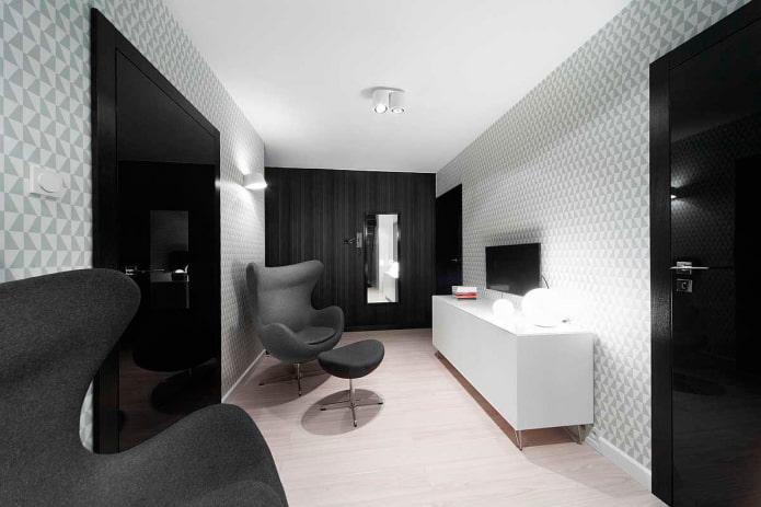 design de interiores de sala de estar em preto e branco