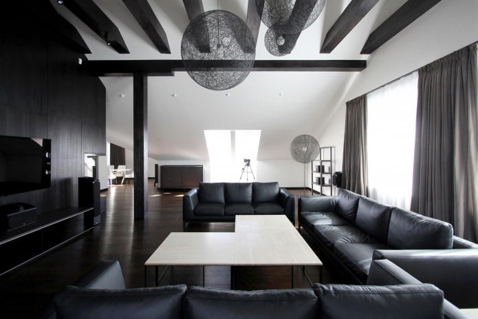 sala de estar em tons de preto e branco em estilo loft