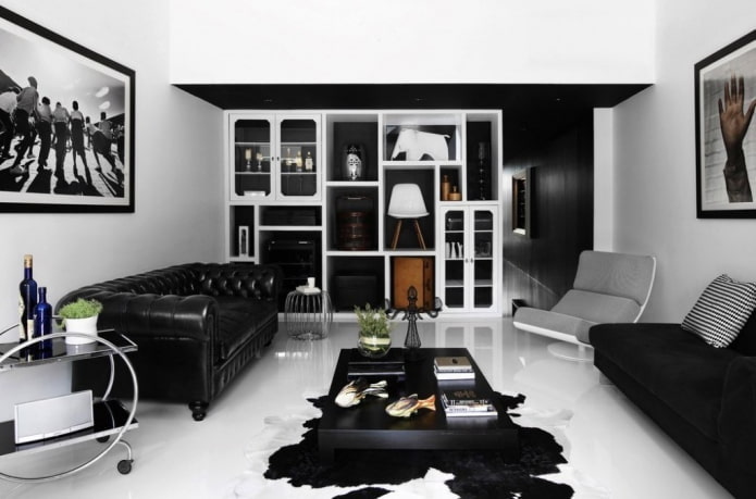 interior da sala de estar em tons de preto e branco