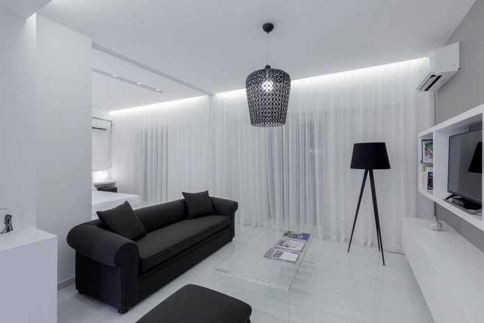 design de interiores de sala de estar em preto e branco