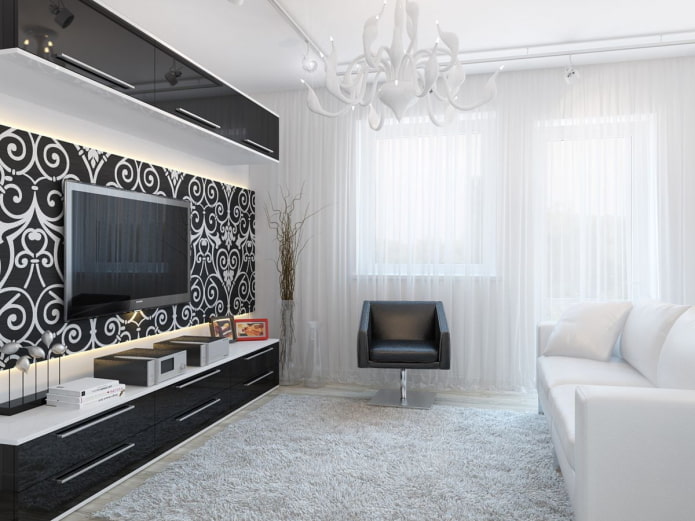 design de interiores de sala de estar em preto e branco