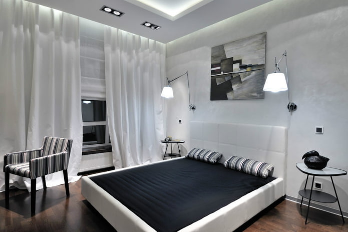 Interior de quarto preto e branco