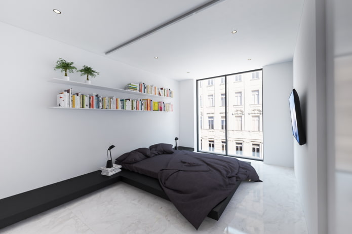 interior de quarto preto e branco em estilo minimalista