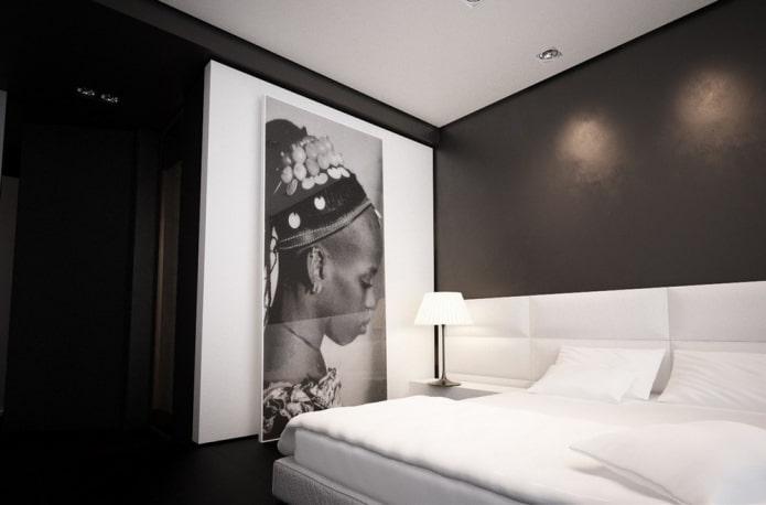 decoração e iluminação de quarto em preto e branco