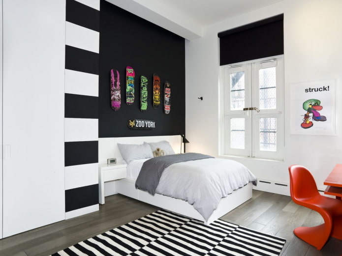 design de interiores de quarto preto e branco