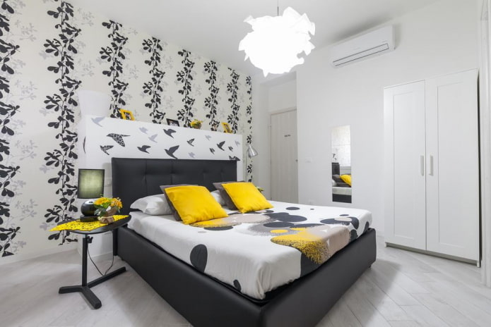 design de interiores de quarto preto e branco