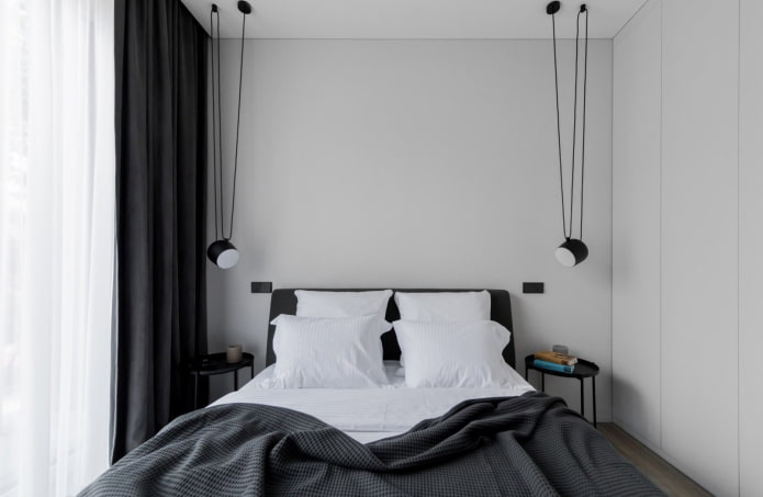 decoração e iluminação de quarto em preto e branco