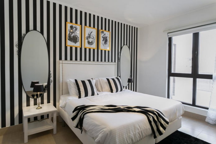 decoração e iluminação de quarto em preto e branco