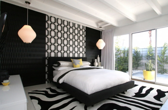decoração e iluminação de quarto em preto e branco