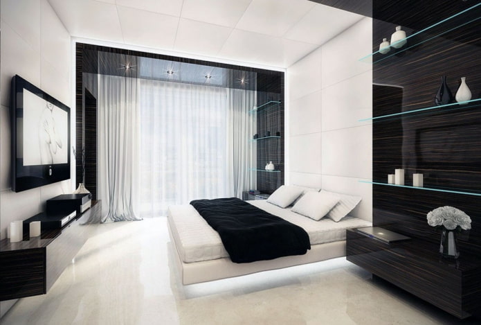 preto e Interior de quarto branco em estilo hi-tech