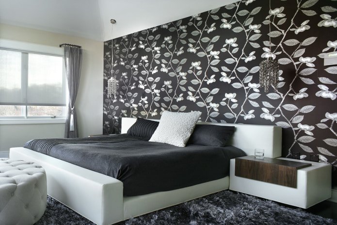 papel de parede preto e branco no quarto