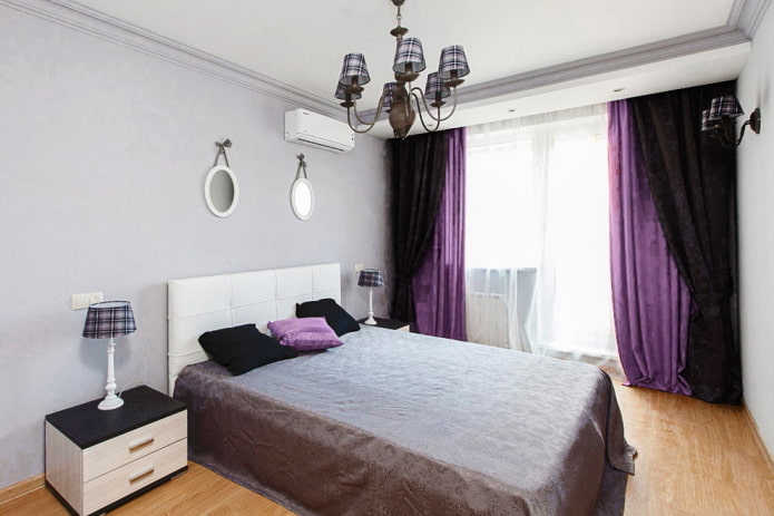 papel de parede cinza combinado com cortinas pretas